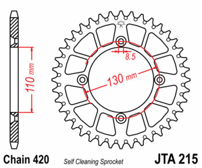 JT SPROCKETS Aluminium ultralicht zelfreinigend achtertandwiel 215 - 420