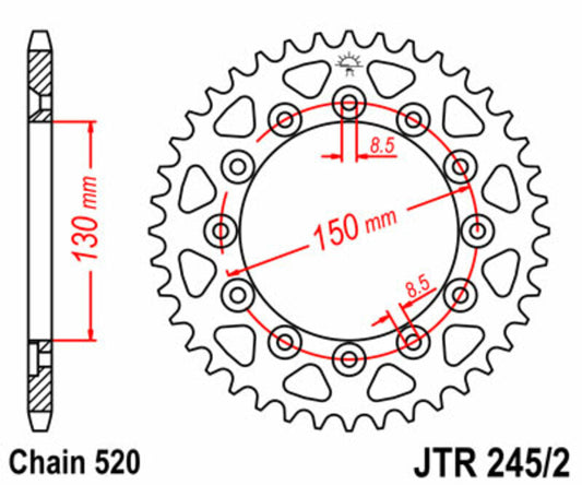 JT SPROCKETS Staal standaard achtertandwiel 245/2 - 520