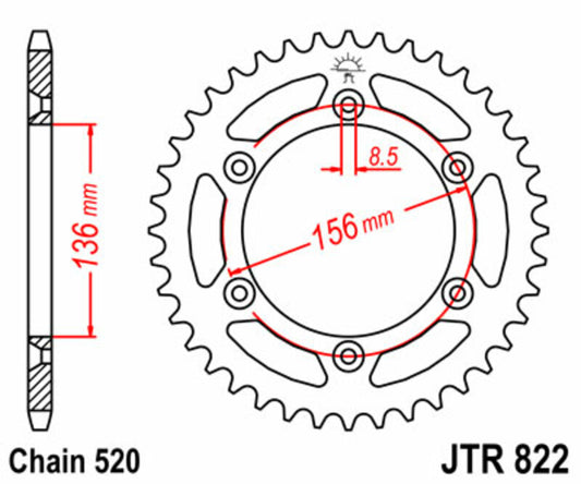 JT SPROCKETS Staal standaard achtertandwiel 822 - 520