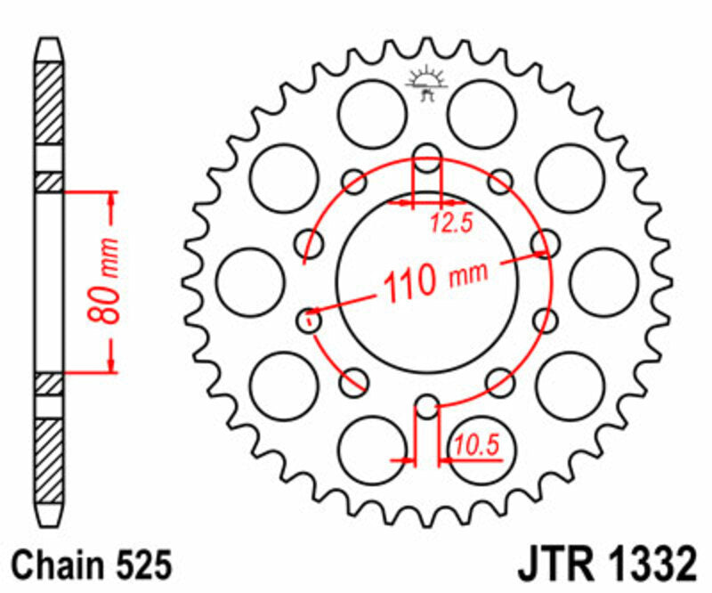 JT SPROCKETS Staal standaard achtertandwiel 1332 - 525