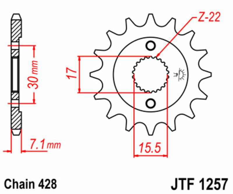 JT SPROCKETS Staal standaard voortandwiel 1257 - 428