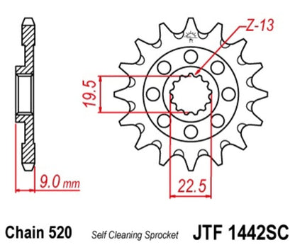 JT SPROCKETS Staal zelfreinigend voortandwiel 1442 - 520