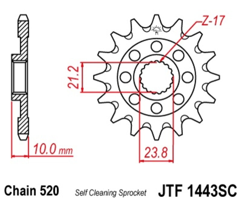 JT SPROCKETS Staal zelfreinigend voortandwiel 1443 - 520