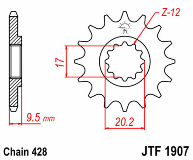 JT SPROCKETS Staal standaard voortandwiel 1907 - 428