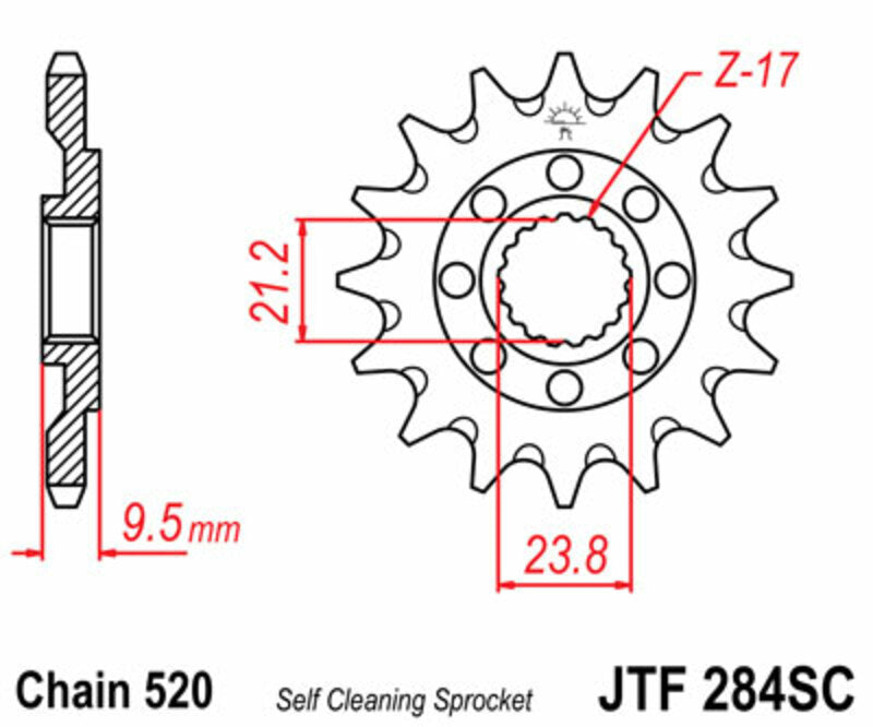 JT SPROCKETS Staal zelfreinigend voortandwiel 284 - 520