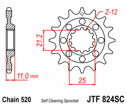 JT SPROCKETS Staal zelfreinigend voortandwiel 824 - 520