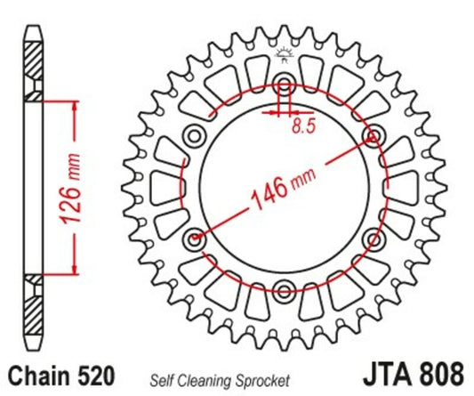 JT SPROCKETS Aluminum Ultra-Light Self-Cleaning Rear Sprocket 808 - 520 