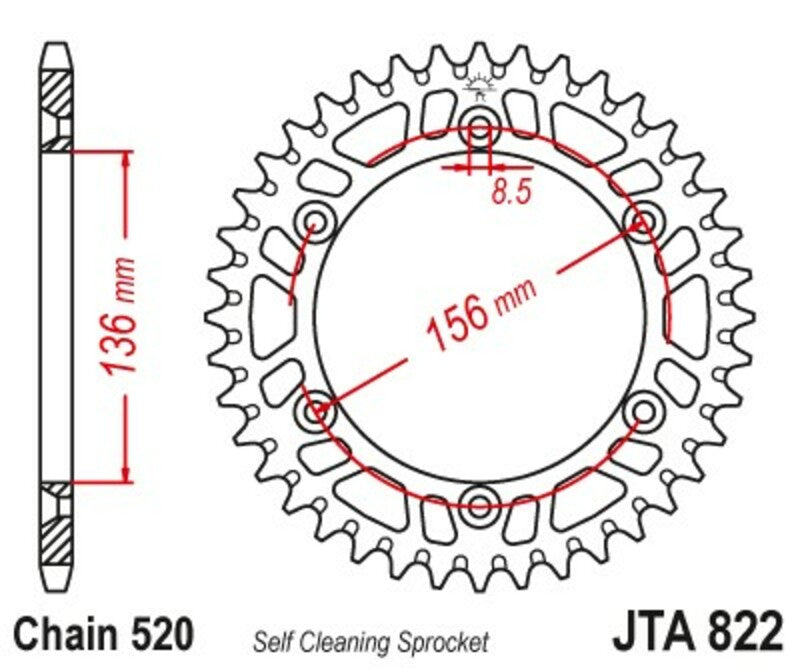 JT SPROCKETS Aluminium Ultra-Light Self-Cleaning Rear Sprocket 822 - 520