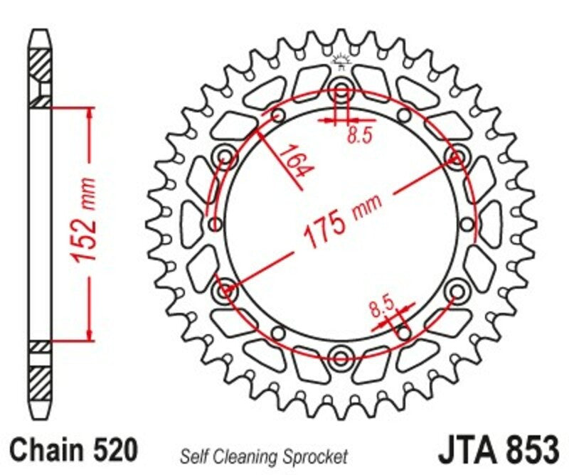 JT SPROCKETS Aluminum Ultra-Light Self-Cleaning Rear Sprocket 853 - 520 